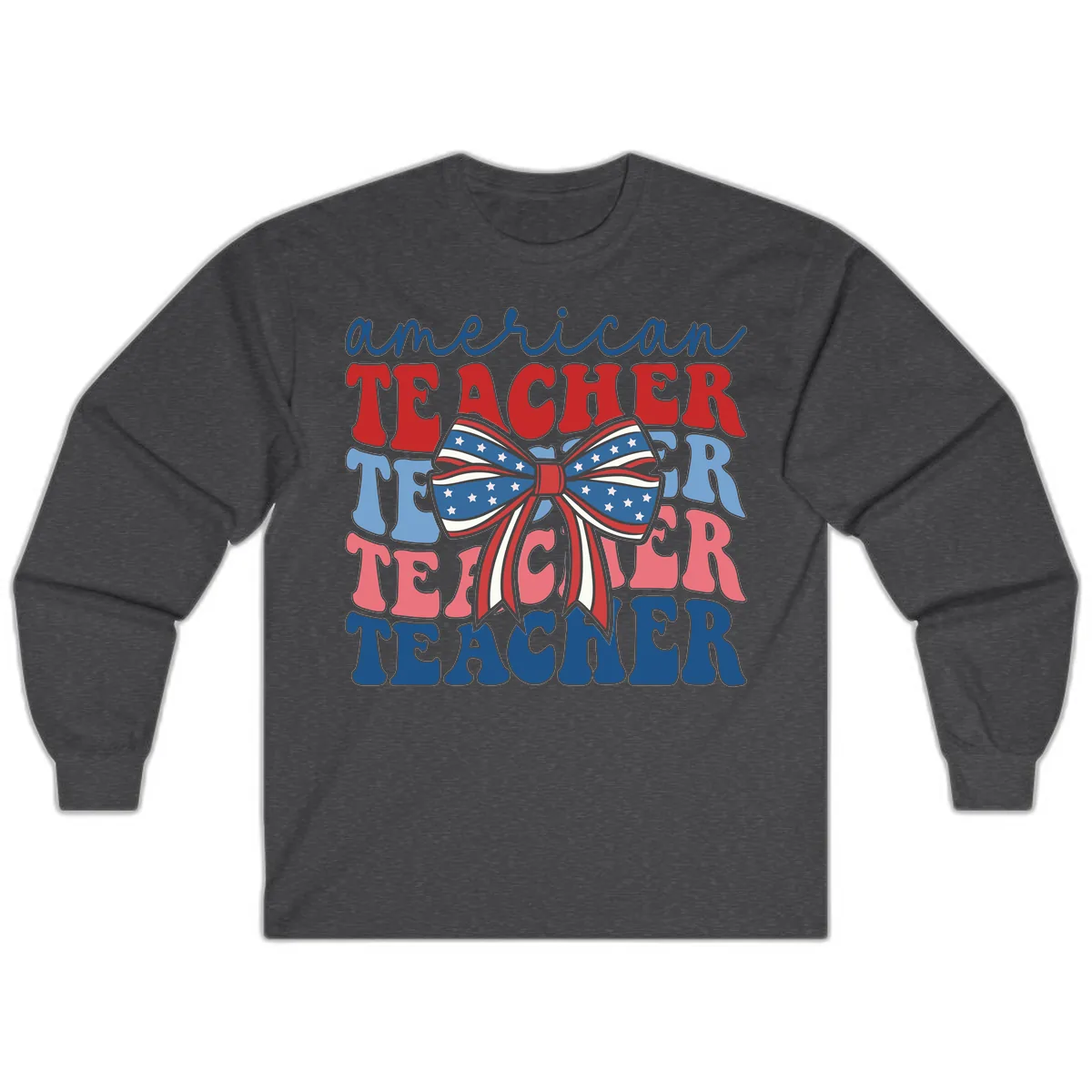 American Teacher Patriotic Bow Design Long Sleeve in Dark Heather