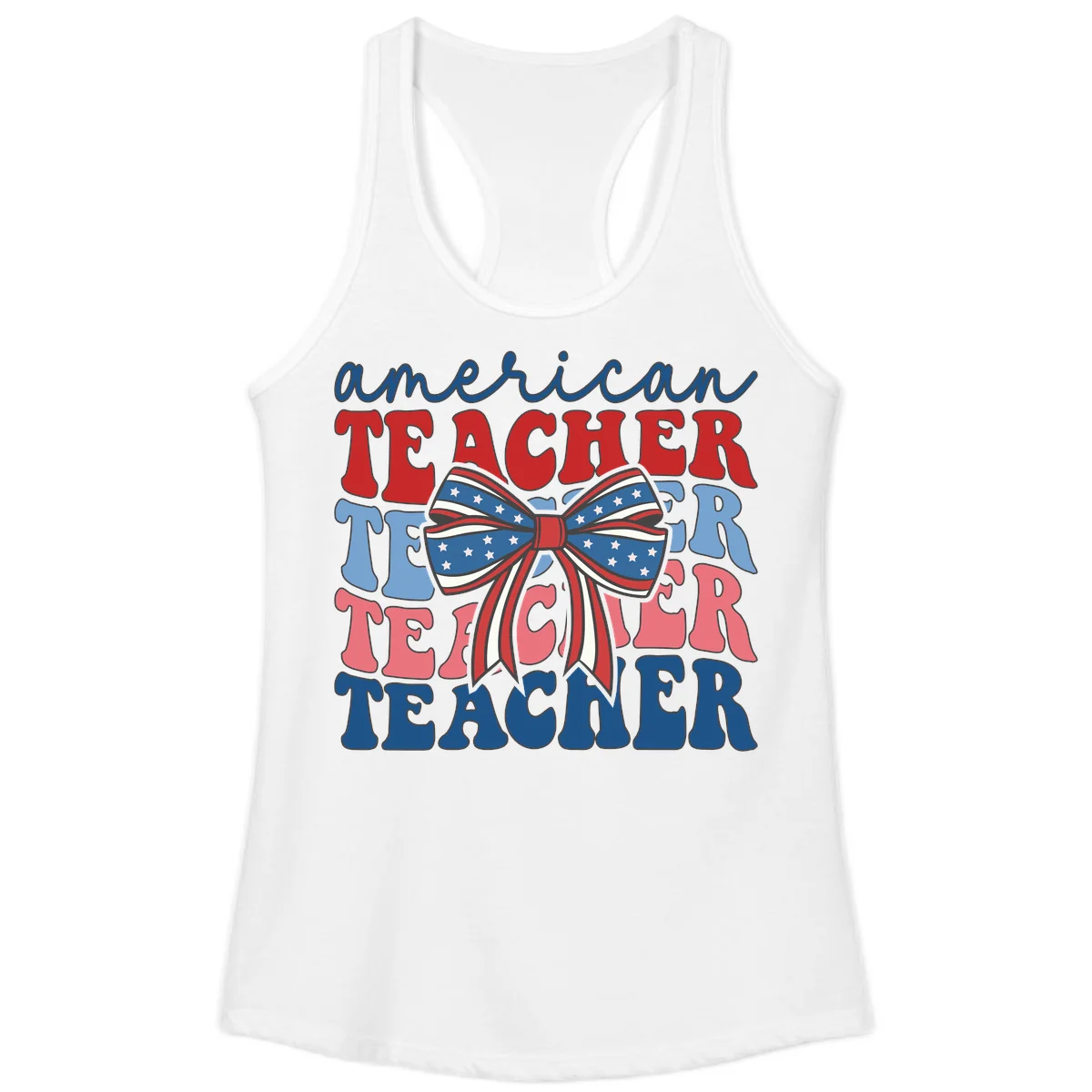 American Teacher Patriotic Bow Ladies Tank in White