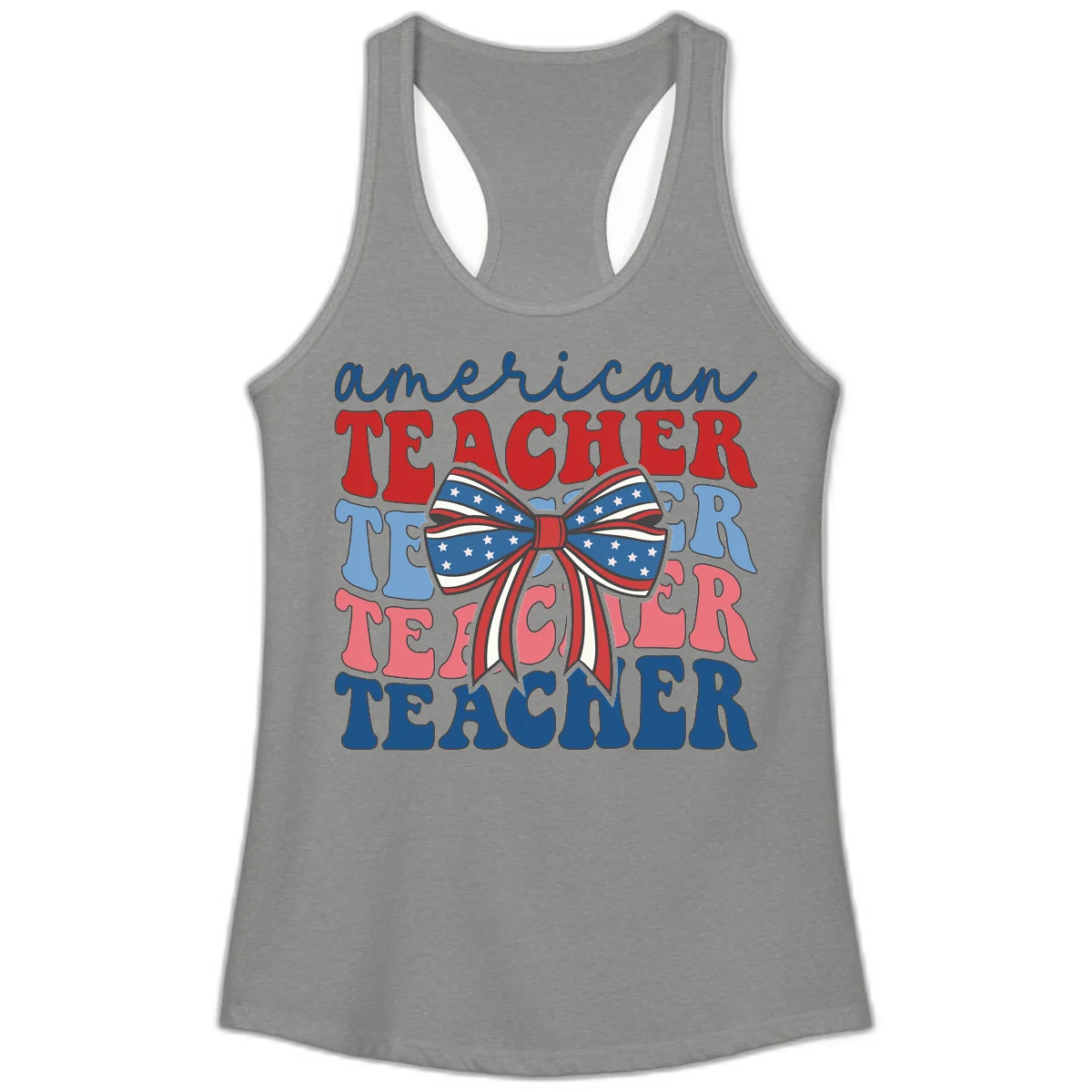 American Teacher Patriotic Bow Ladies Tank in Heather Grey