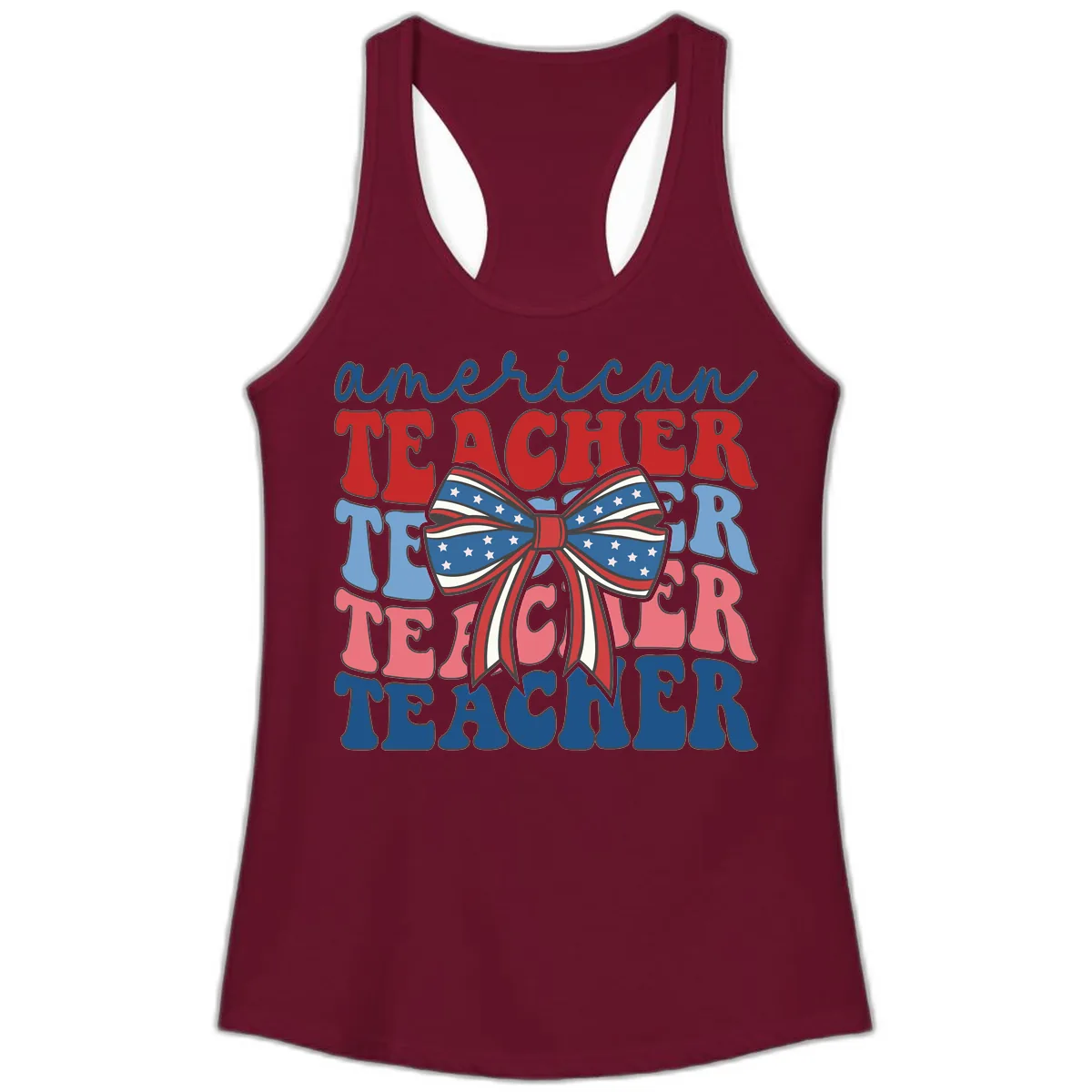American Teacher Patriotic Bow Design Ladies Tank in Solid Cardinal Red