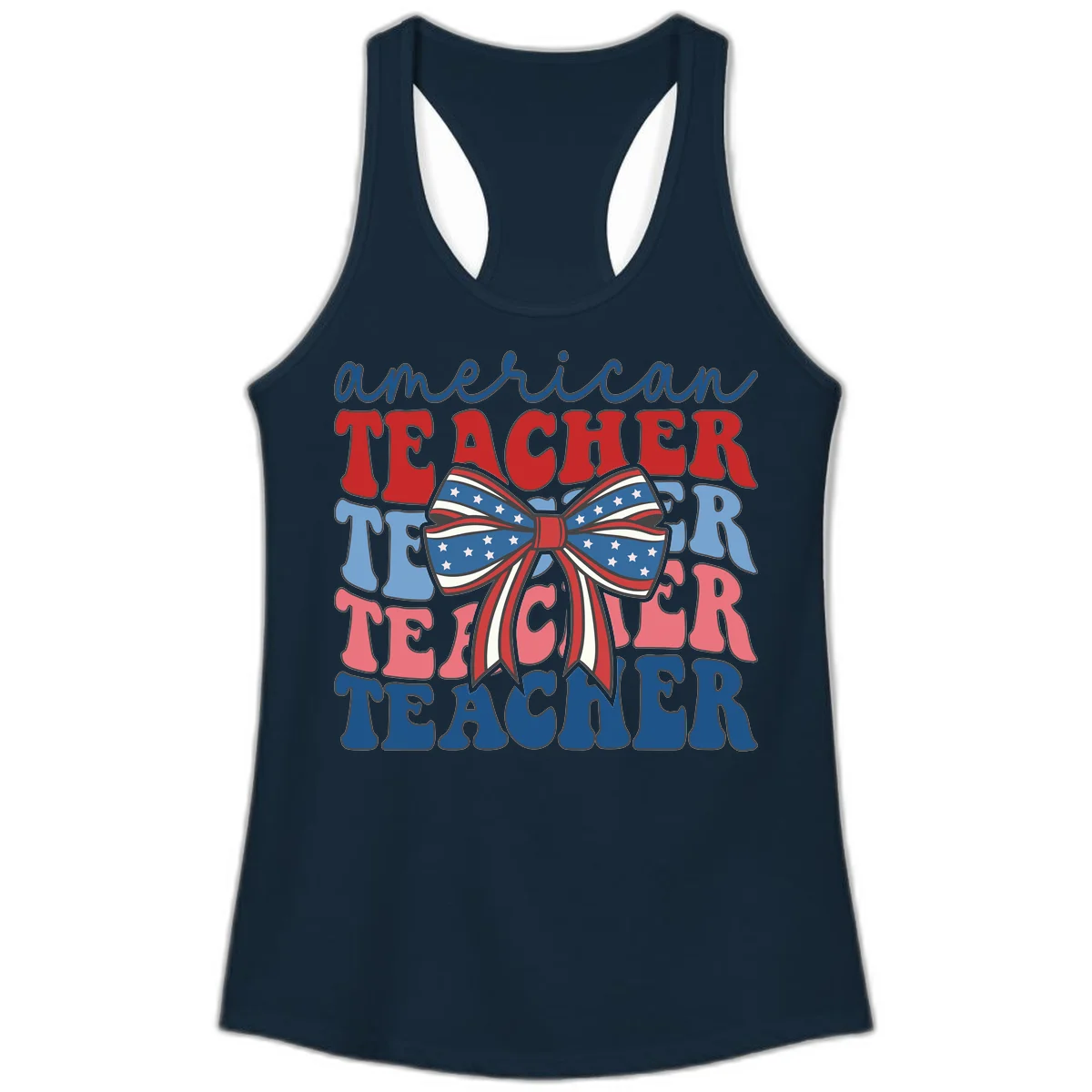 American Teacher Patriotic Bow Ladies Tank in Solid Midnight Navy