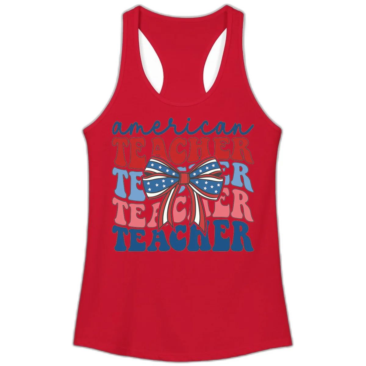 American Teacher Patriotic Bow Ladies Tank in Solid Red