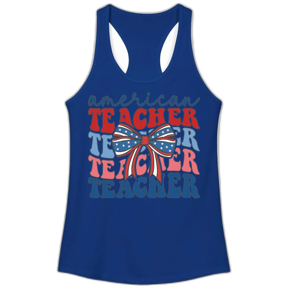 American Teacher Patriotic Bow Ladies Tank in Solid Royal