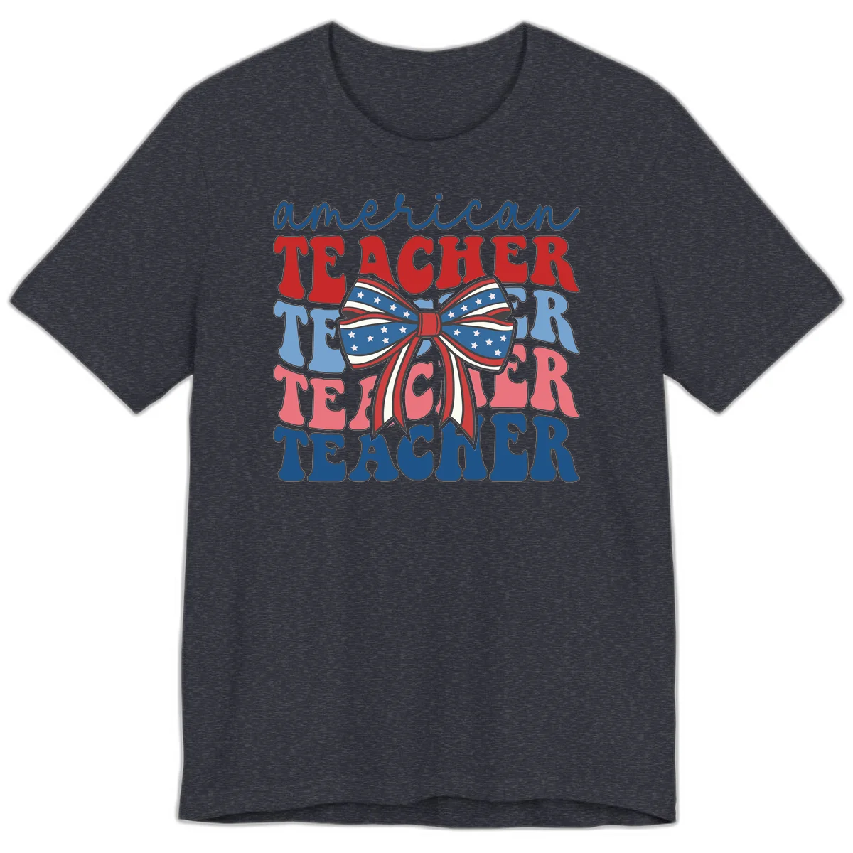 American Teacher Patriotic Bow Premium T-Shirt in Heather Navy
