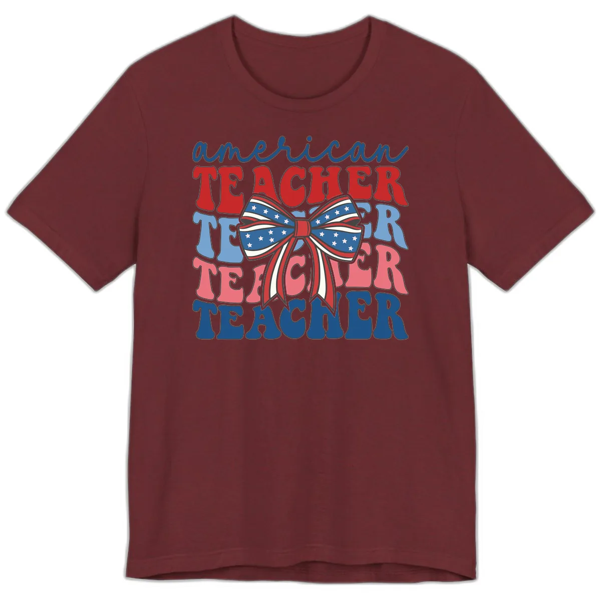 American Teacher Patriotic Bow Design Premium T-Shirt in Heather Cardinal