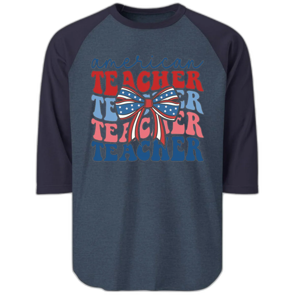 American Teacher Patriotic Bow Raglan 3/4 in Heather Denim Navy