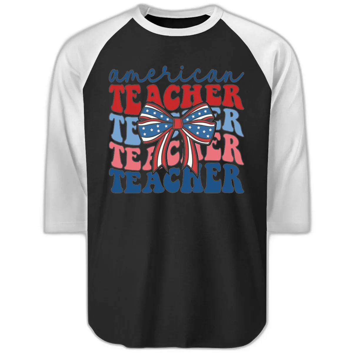 American Teacher Patriotic Bow Design Raglan 3/4 in Black White