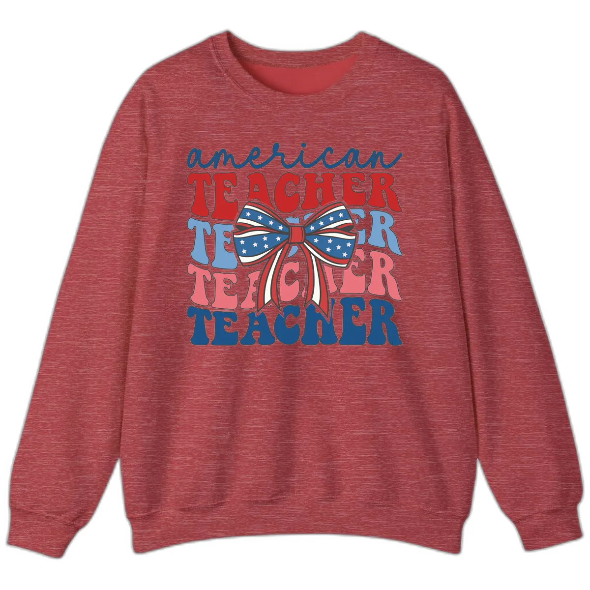American Teacher Patriotic Bow Design Sweatshirt in Heather Scarlet Red