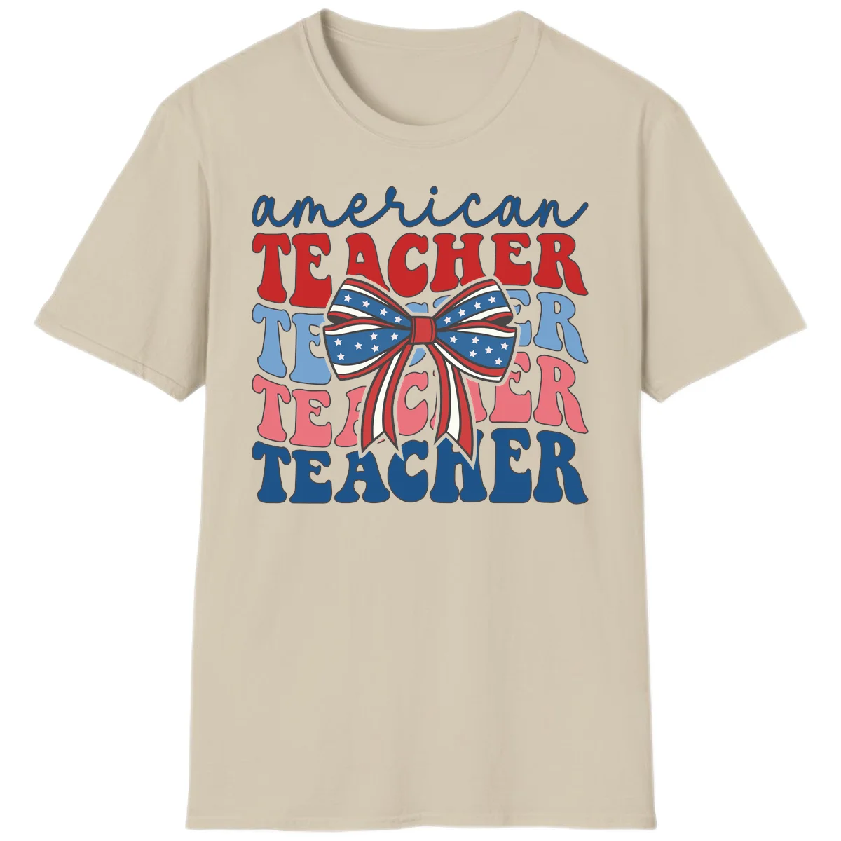American Teacher Patriotic Bow T-Shirt in Sand