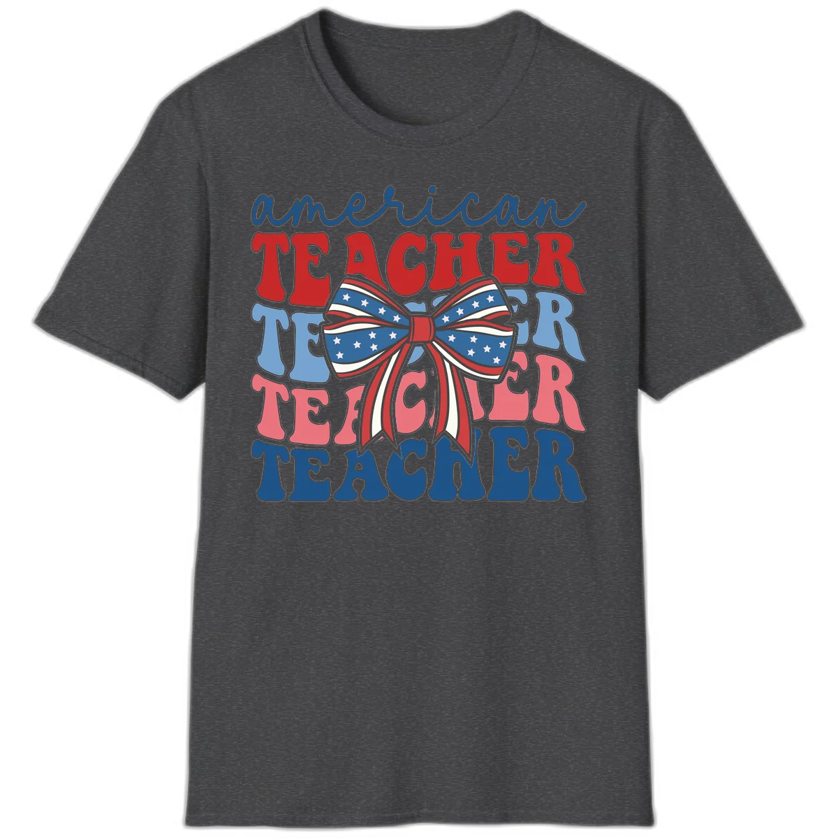 American Teacher Patriotic Bow T-Shirt in Dark Heather