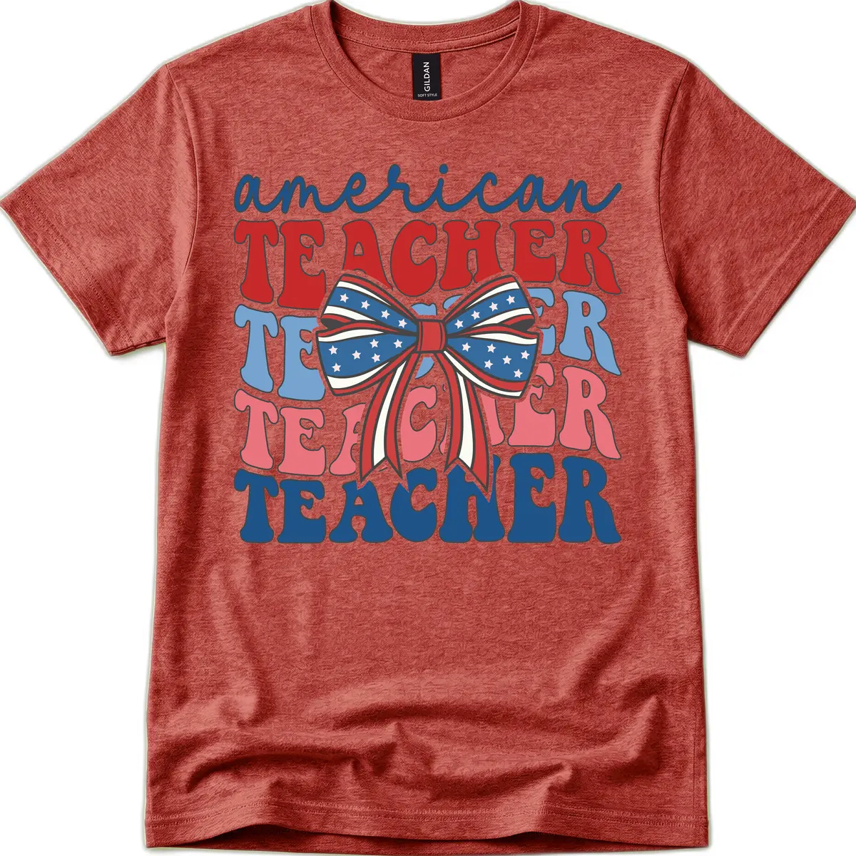 American Teacher Patriotic Bow Design T-Shirt in Heather Cardinal