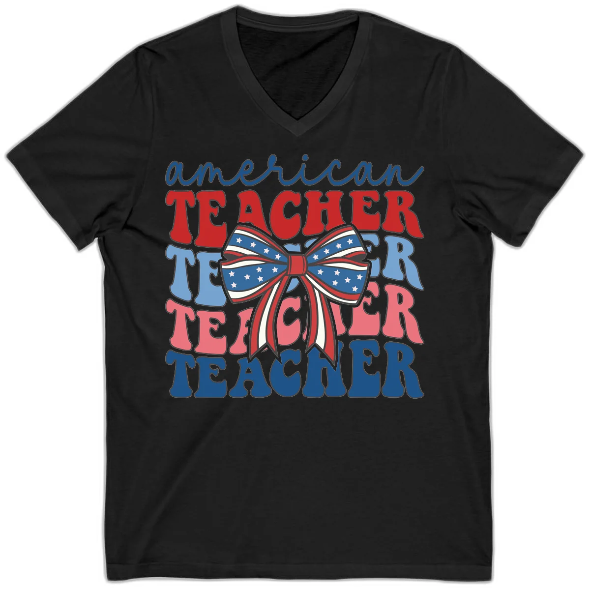 American Teacher Patriotic Bow V-Neck in Black