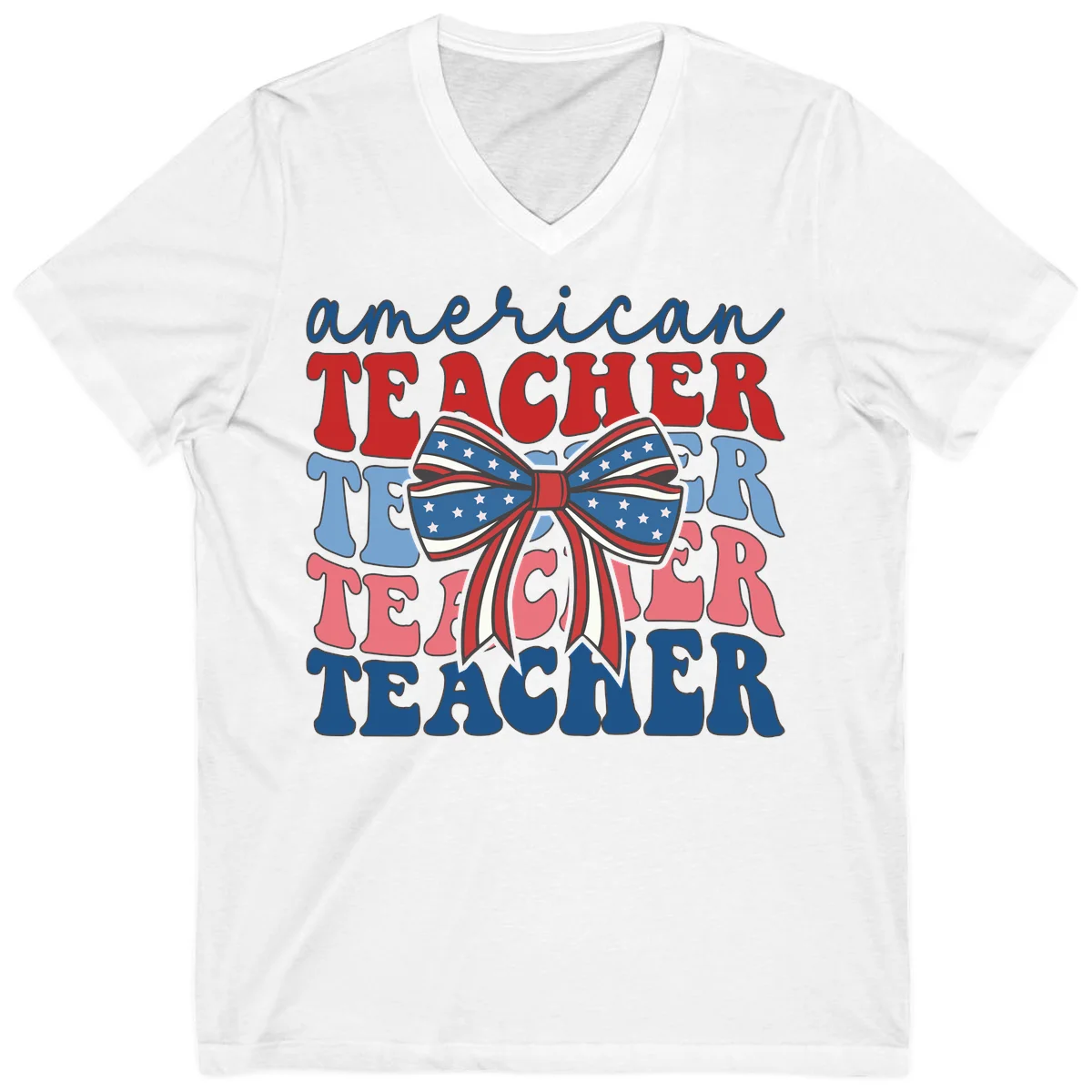 American Teacher Patriotic Bow V-Neck in White