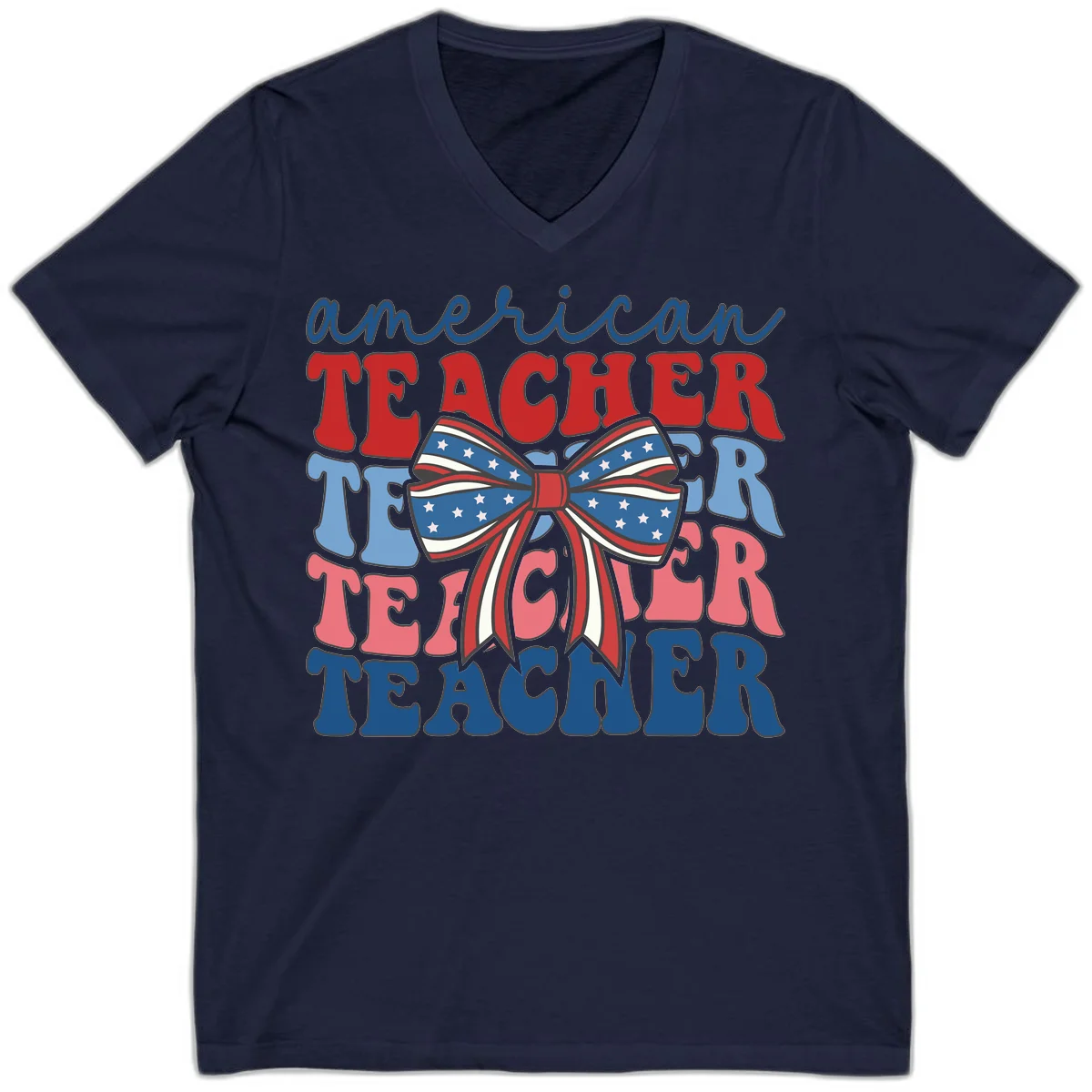 American Teacher Patriotic Bow V-Neck in Navy