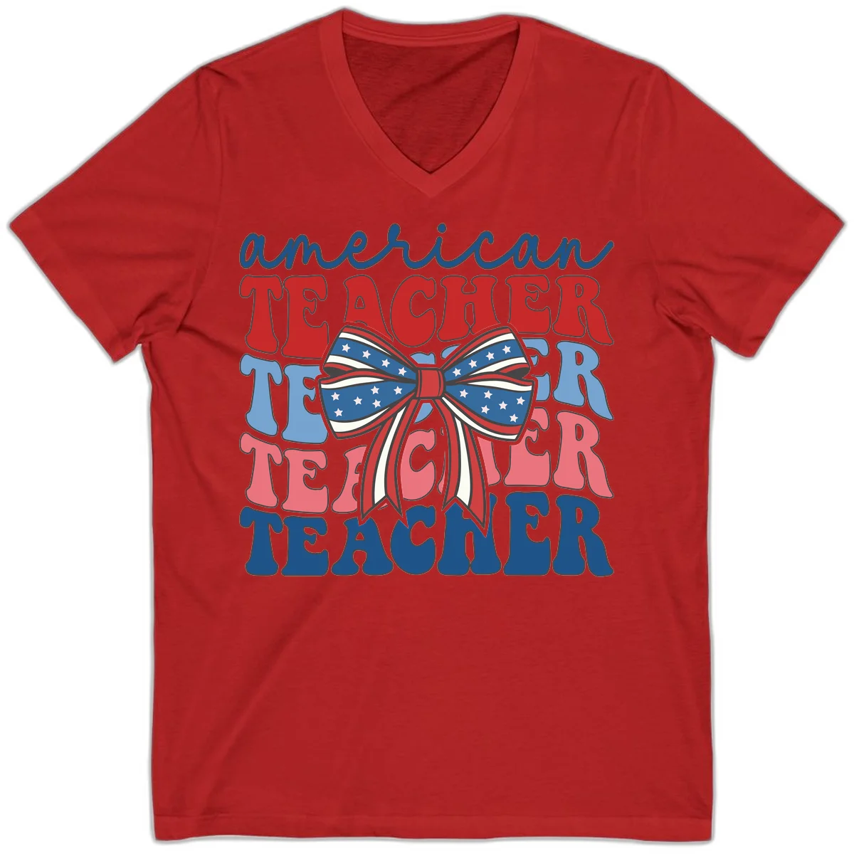 American Teacher Patriotic Bow V-Neck in Red
