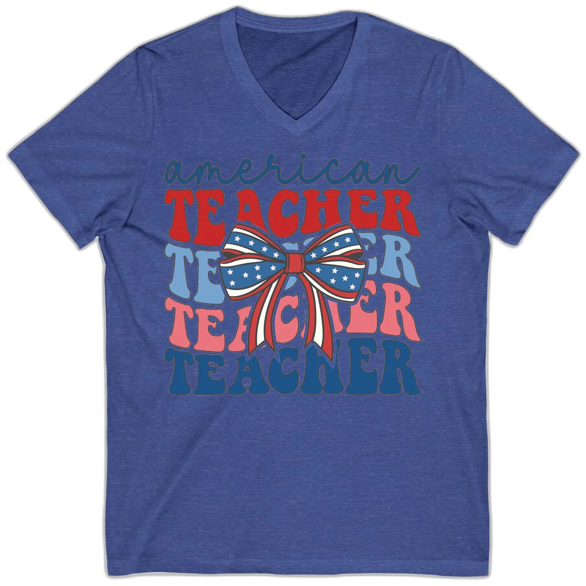 American Teacher Patriotic Bow V-Neck in Heather True Royal