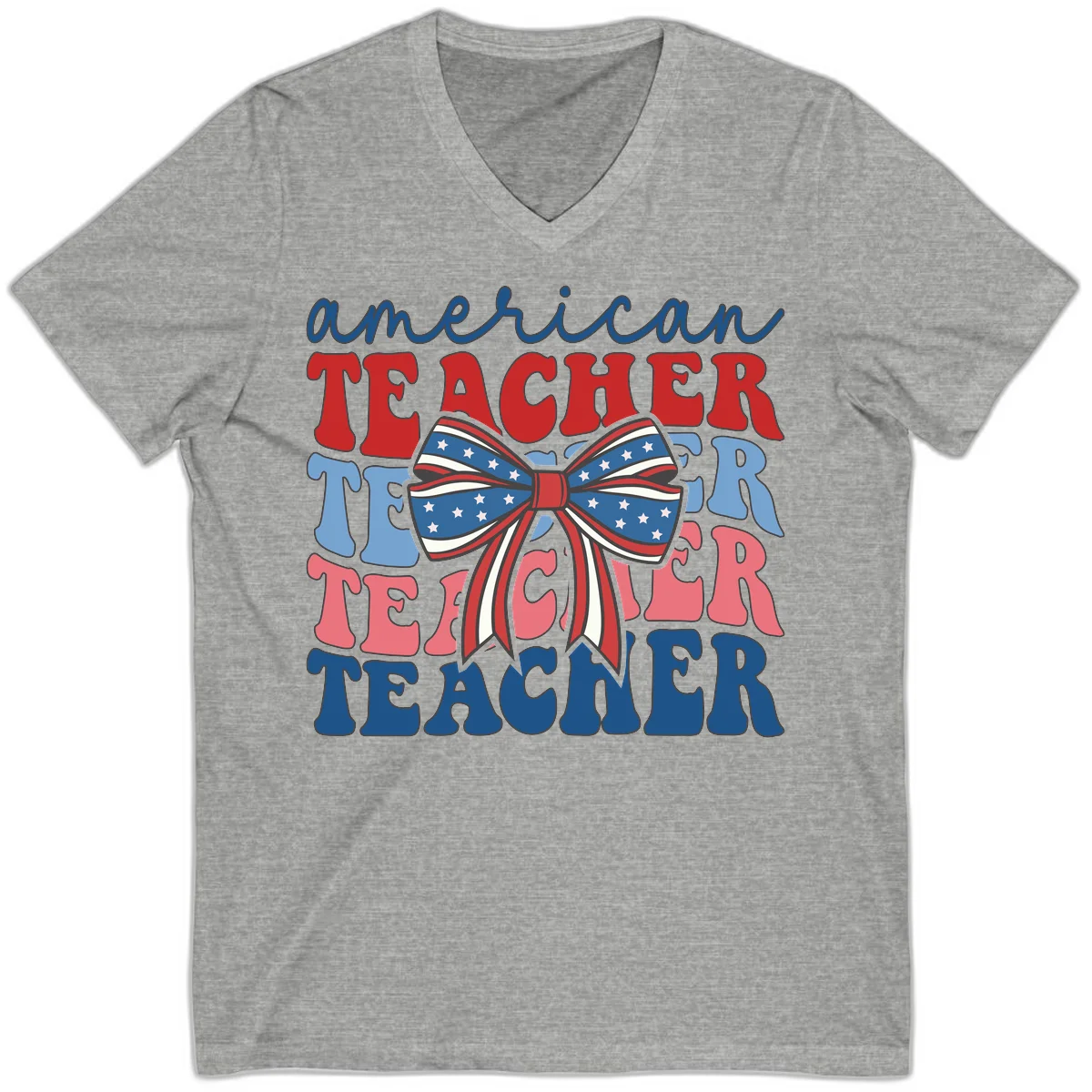 American Teacher Patriotic Bow V-Neck in Athletic Heather
