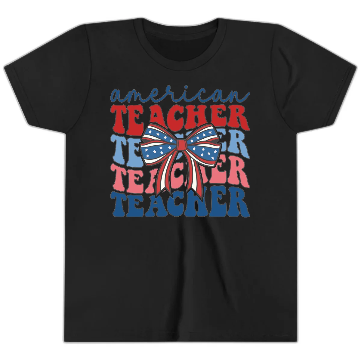 American Teacher Patriotic Bow Youth T-Shirt in Black