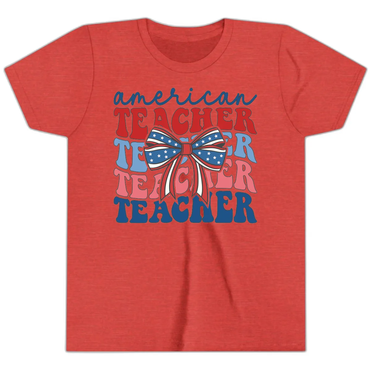 American Teacher Patriotic Bow Design Youth T-Shirt in Heather Red