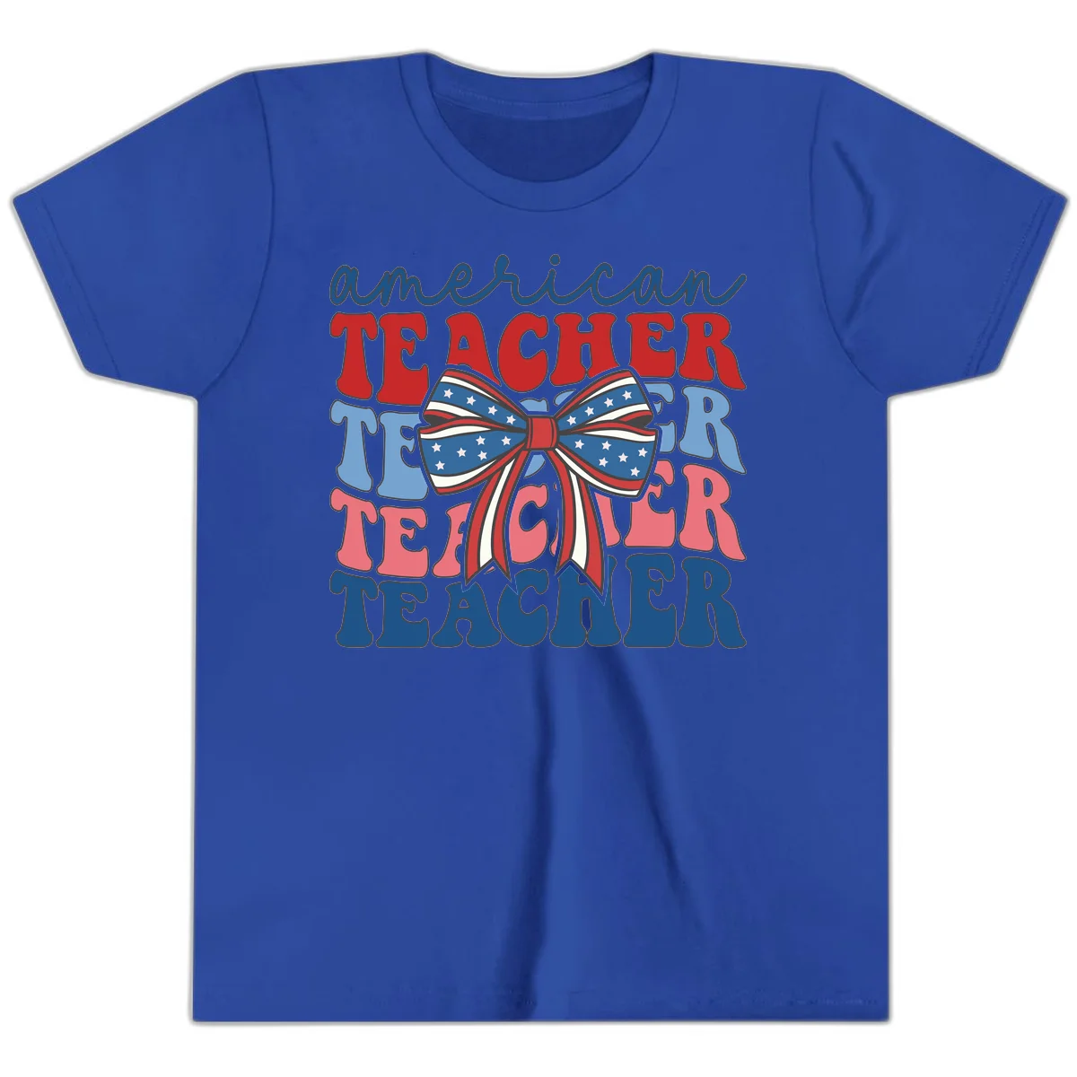 American Teacher Patriotic Bow Youth T-Shirt in True Royal
