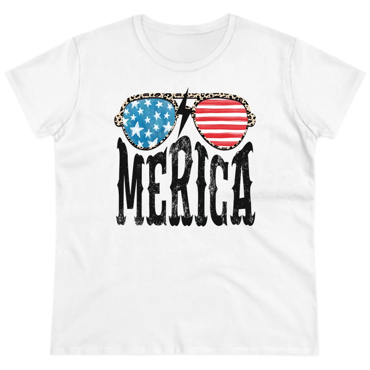 Patriotic Leopard Print Sunglasses Merica Ladies Tee in White