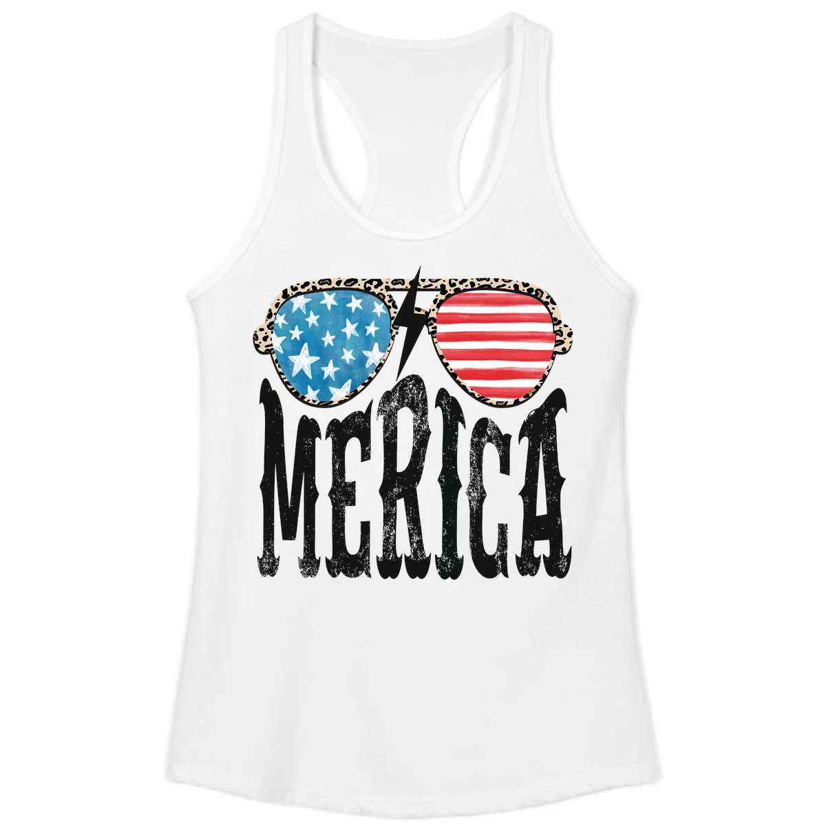 Patriotic Leopard Print Sunglasses Merica Ladies Tank in White
