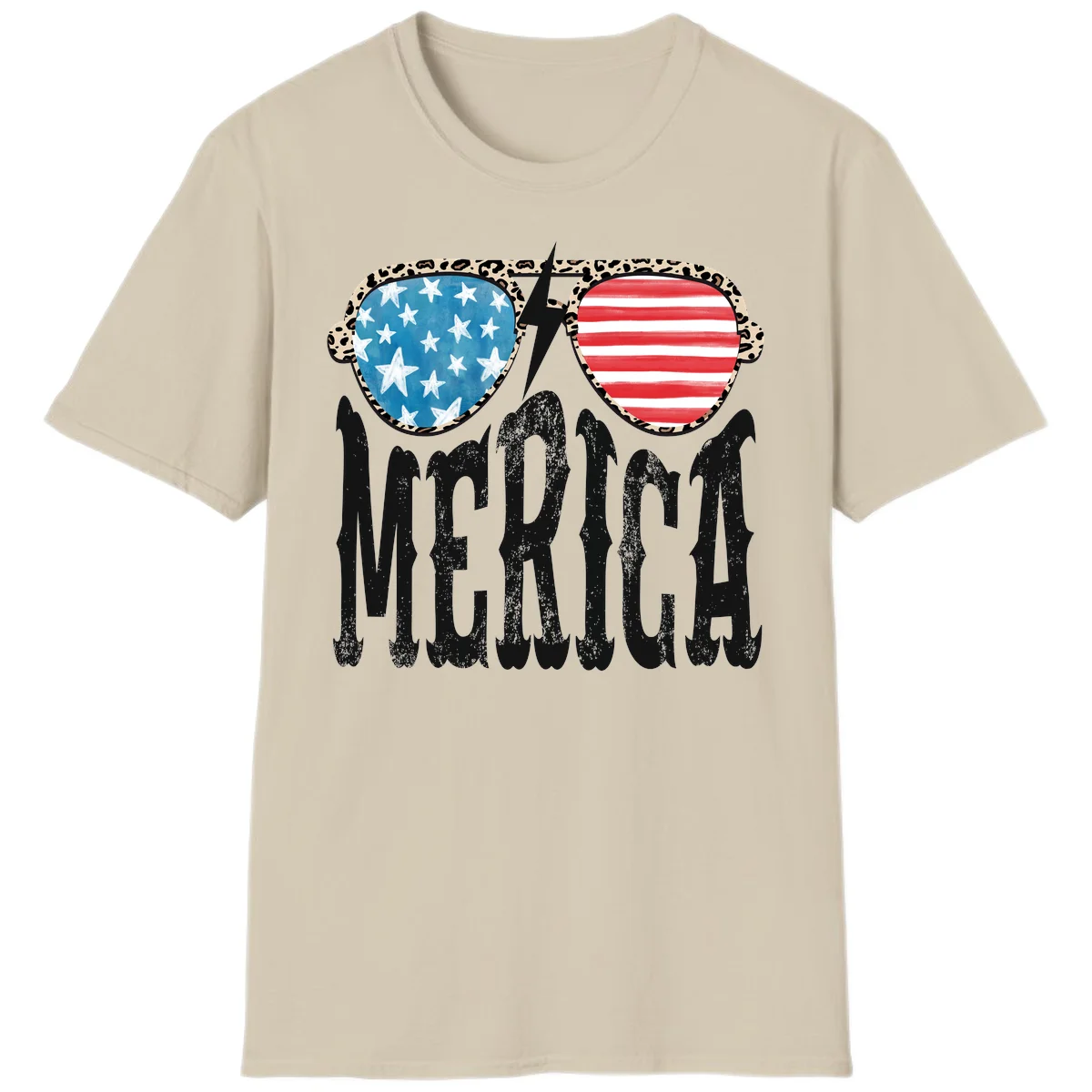 Patriotic Leopard Print Sunglasses Merica T-Shirt in Sand