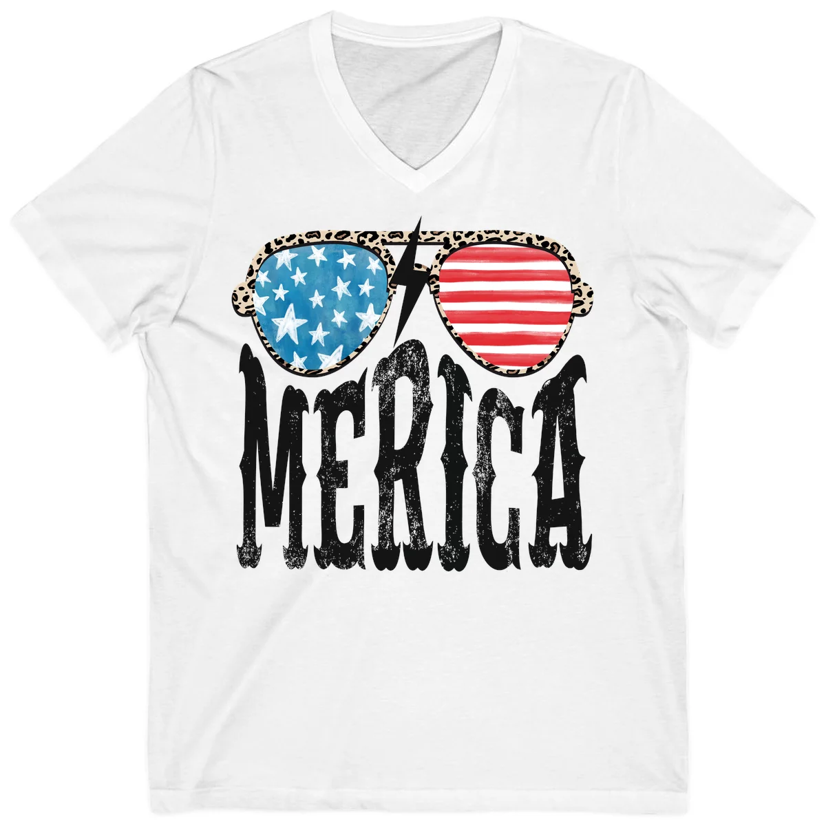 Patriotic Leopard Print Sunglasses Merica V-Neck Tee in White