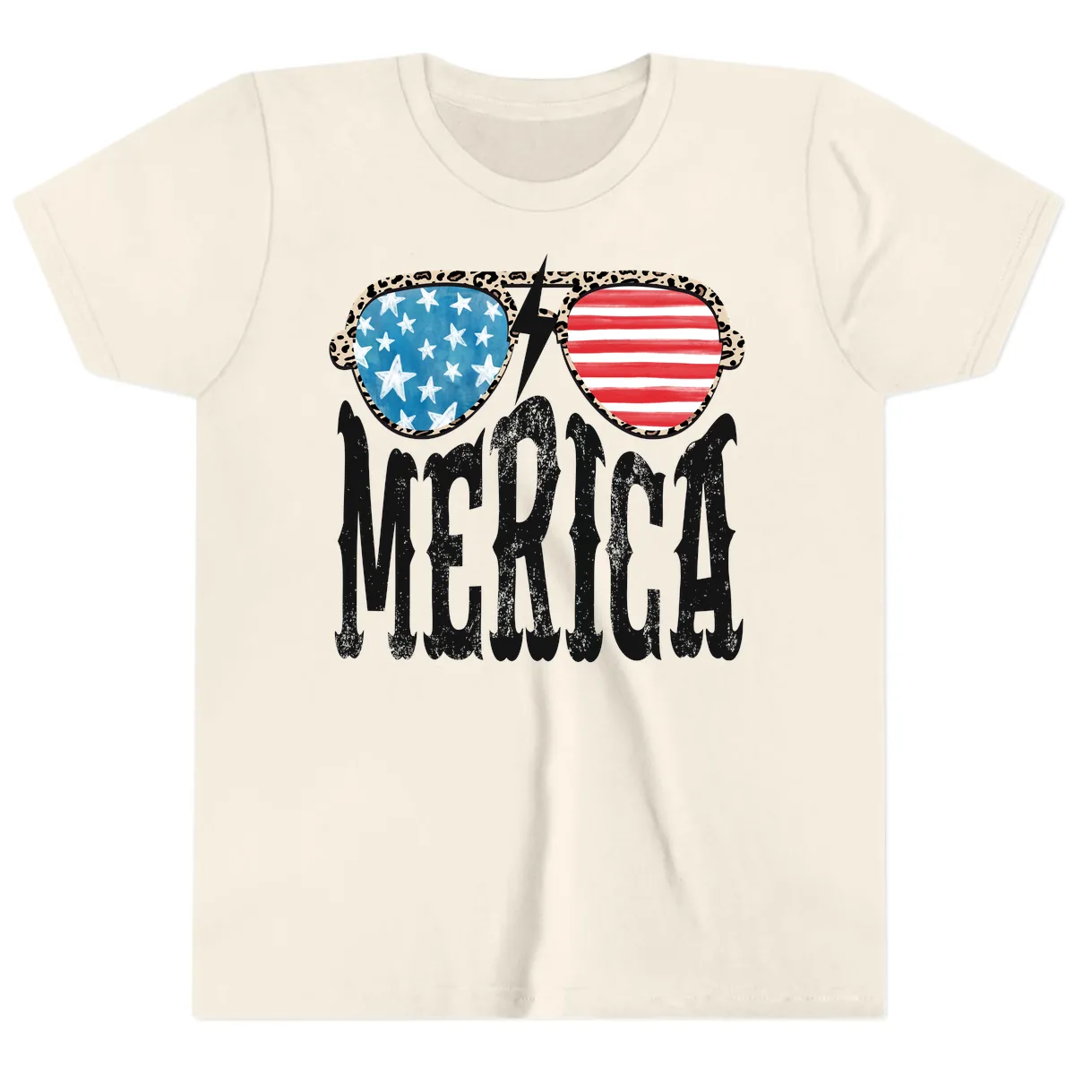 Patriotic Leopard Print Sunglasses Merica Design Youth T-Shirt in Natural