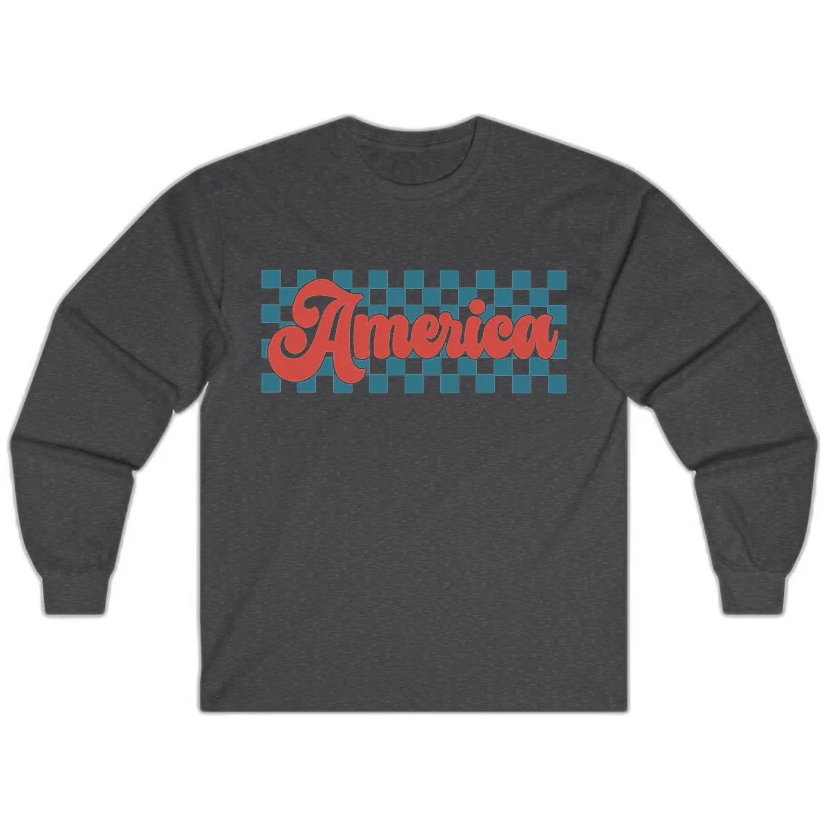 Retro America Checkerboard Script Long Sleeve in Dark Heather