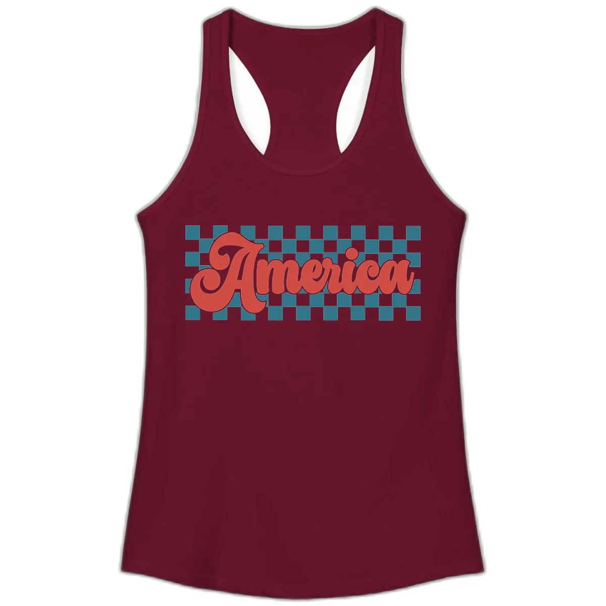 Retro America Checkerboard Script Ladies Tank in Solid Cardinal Red