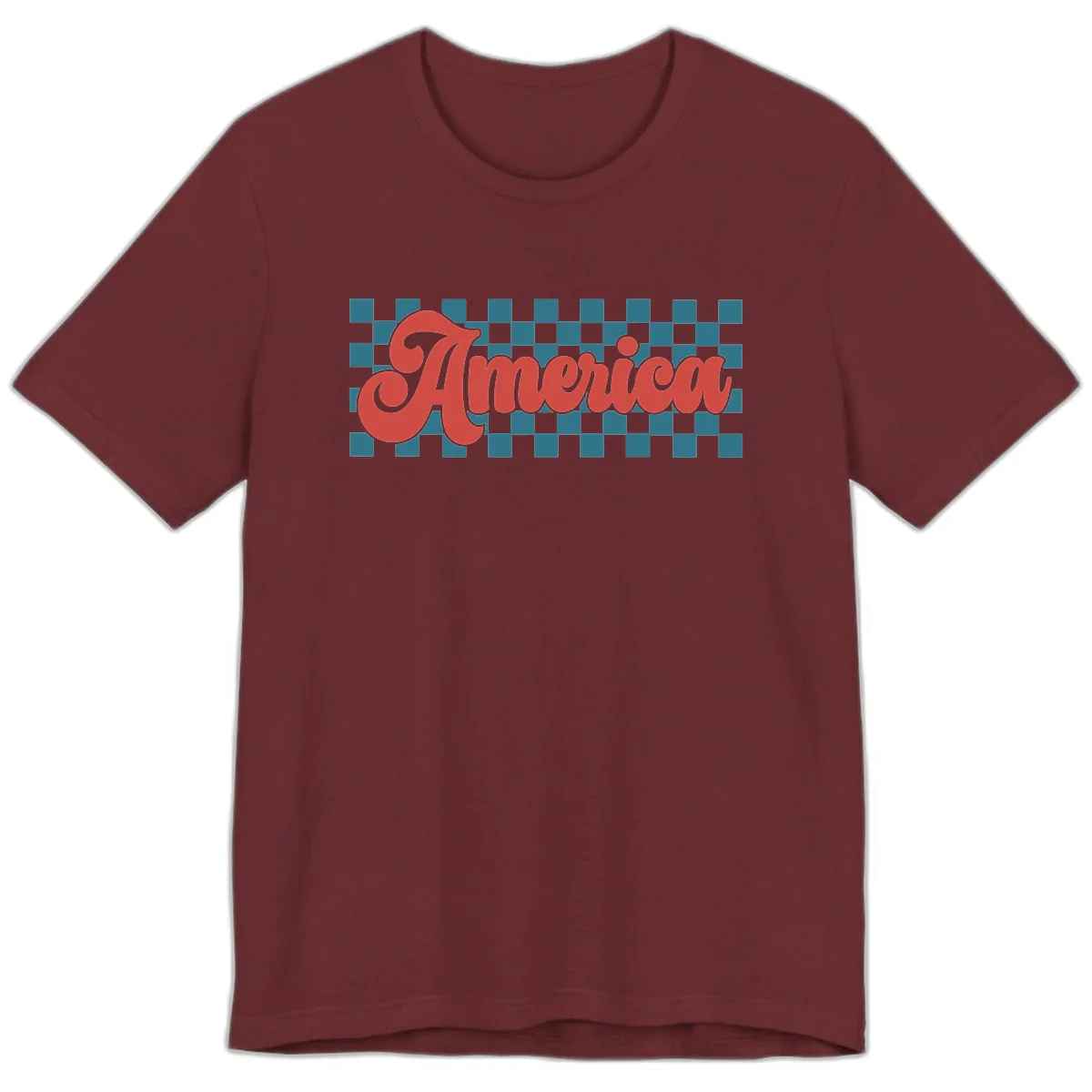Retro America Checkerboard Script Premium T-Shirt in Heather Cardinal