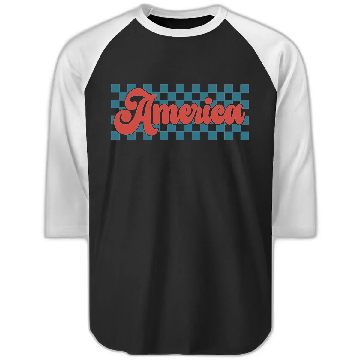 Retro America Checkerboard Script Raglan 3/4 in Black White