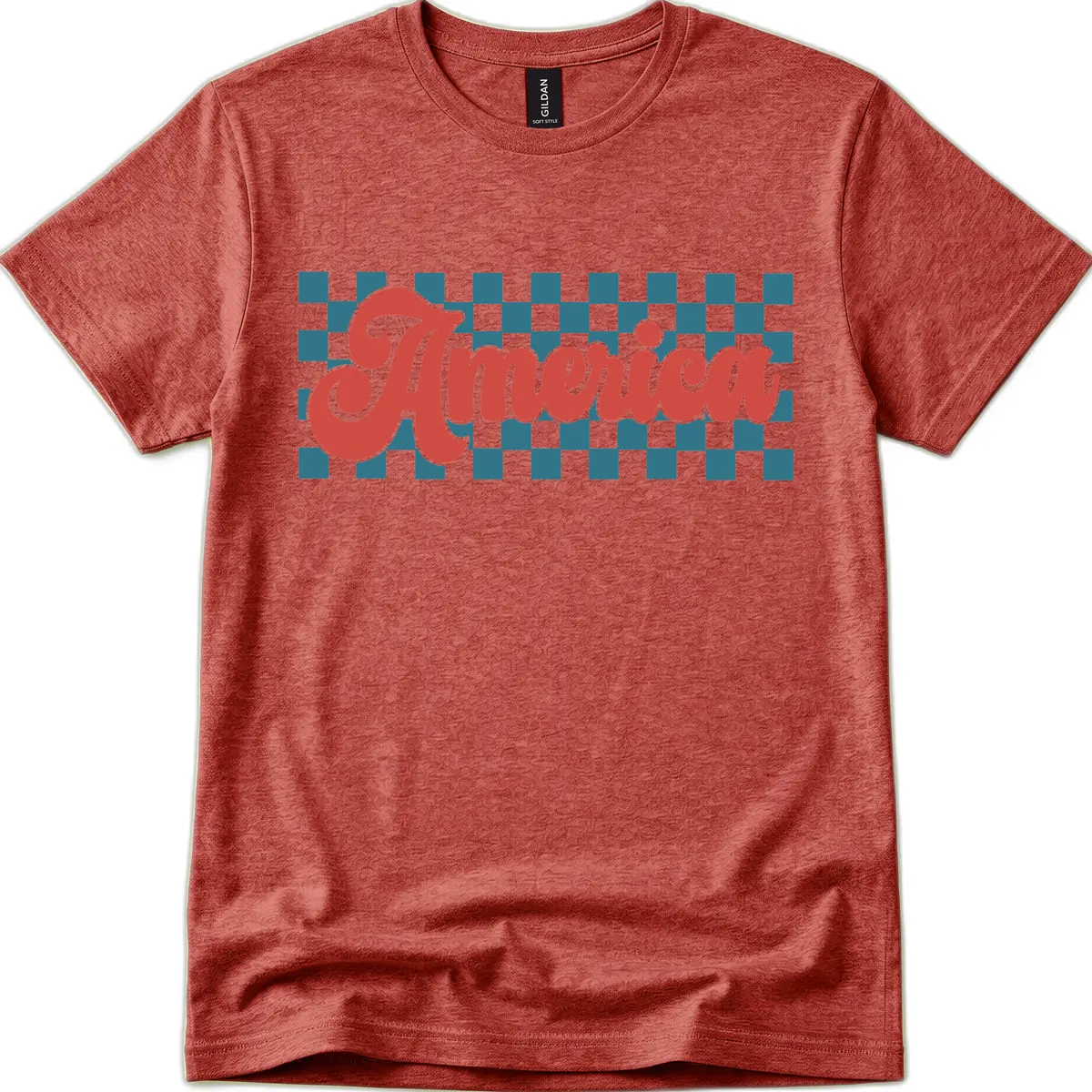 Retro America Checkerboard Script T-Shirt in Heather Cardinal