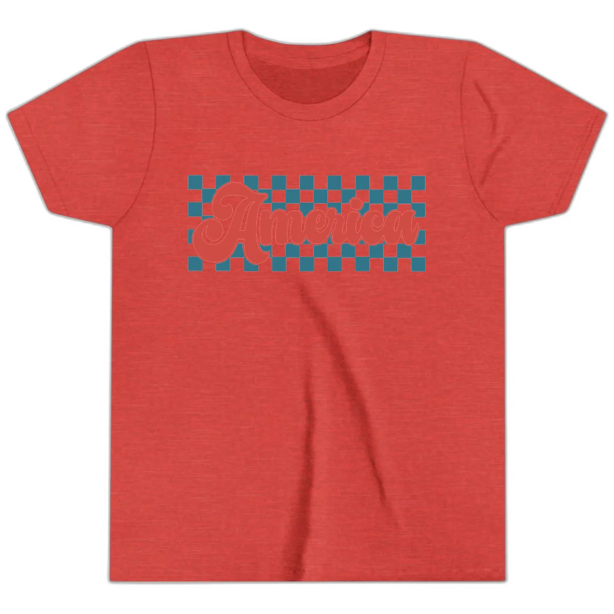 Retro America Checkerboard Script Youth T-Shirt in Heather Red