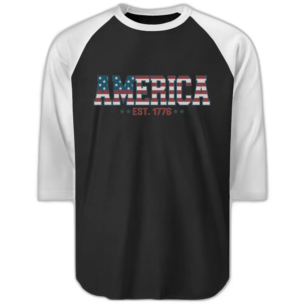 America Established 1776 Patriotic Design Raglan 3/4 in Black White