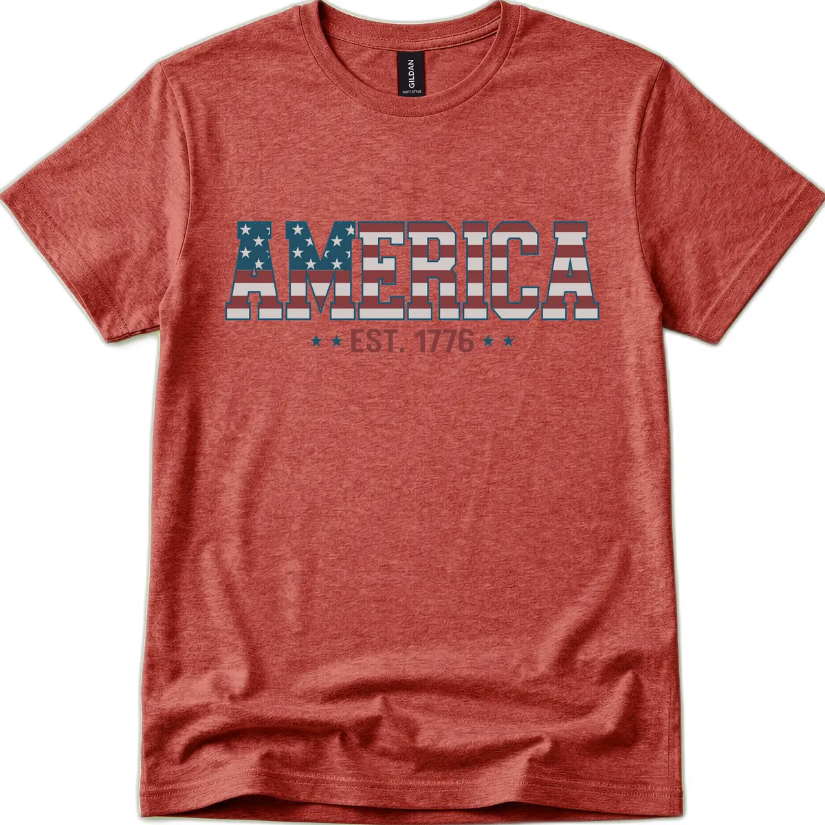 America Established 1776 Patriotic Design T-Shirt in Heather Cardinal