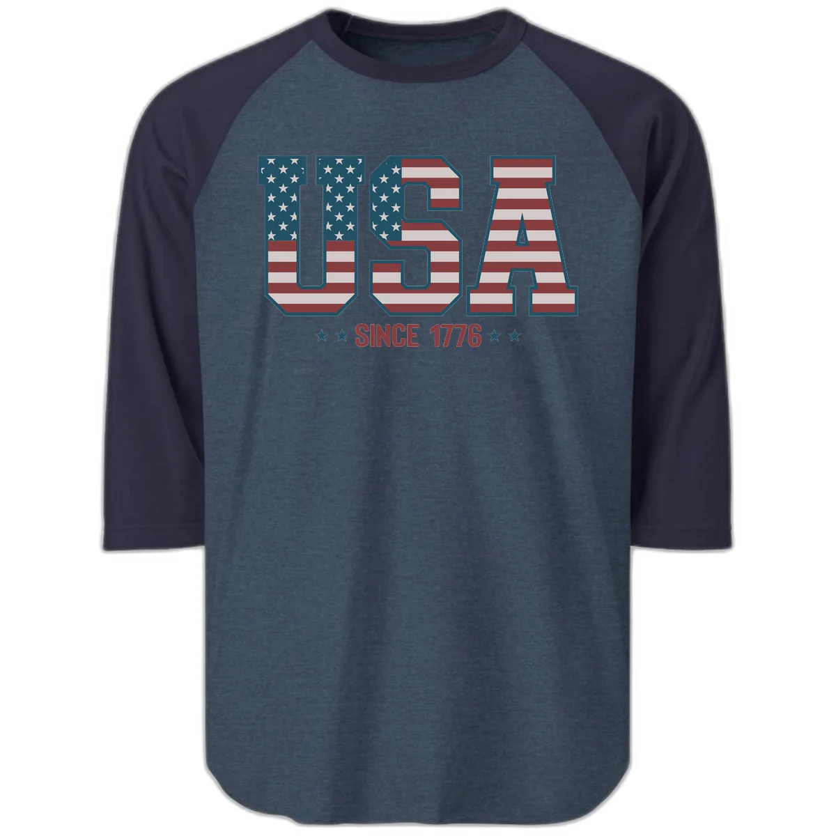 USA Since 1776 Patriotic Flag Raglan 3/4 in Heather Denim Navy