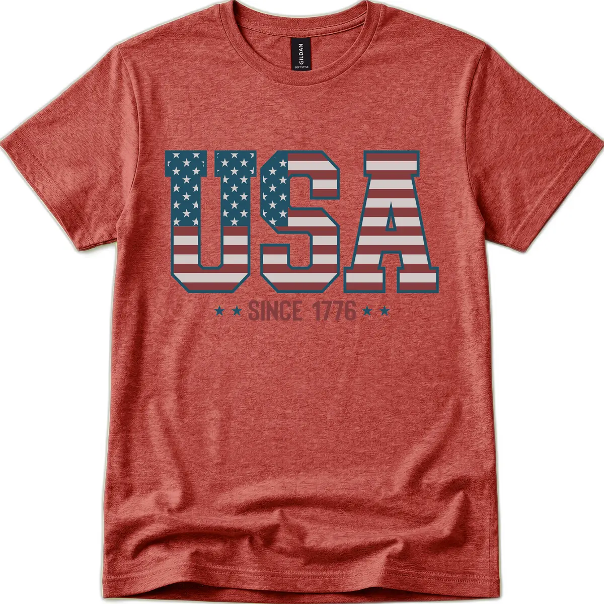 USA Since 1776 Patriotic Flag Design T-Shirt in Heather Cardinal