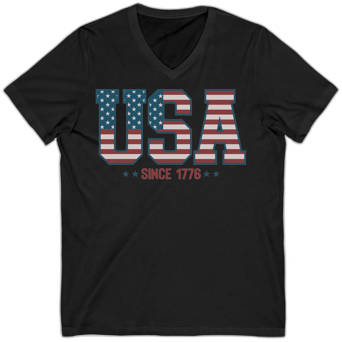 USA Since 1776 Patriotic Flag V-Neck in Black