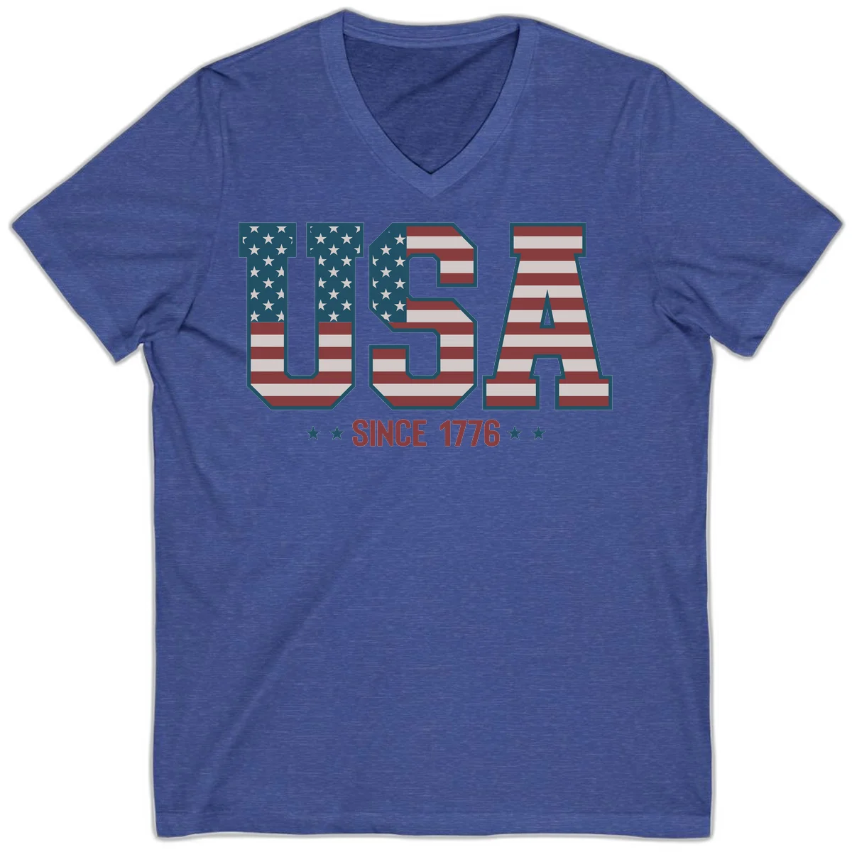 USA Since 1776 Patriotic Flag V-Neck in Heather True Royal