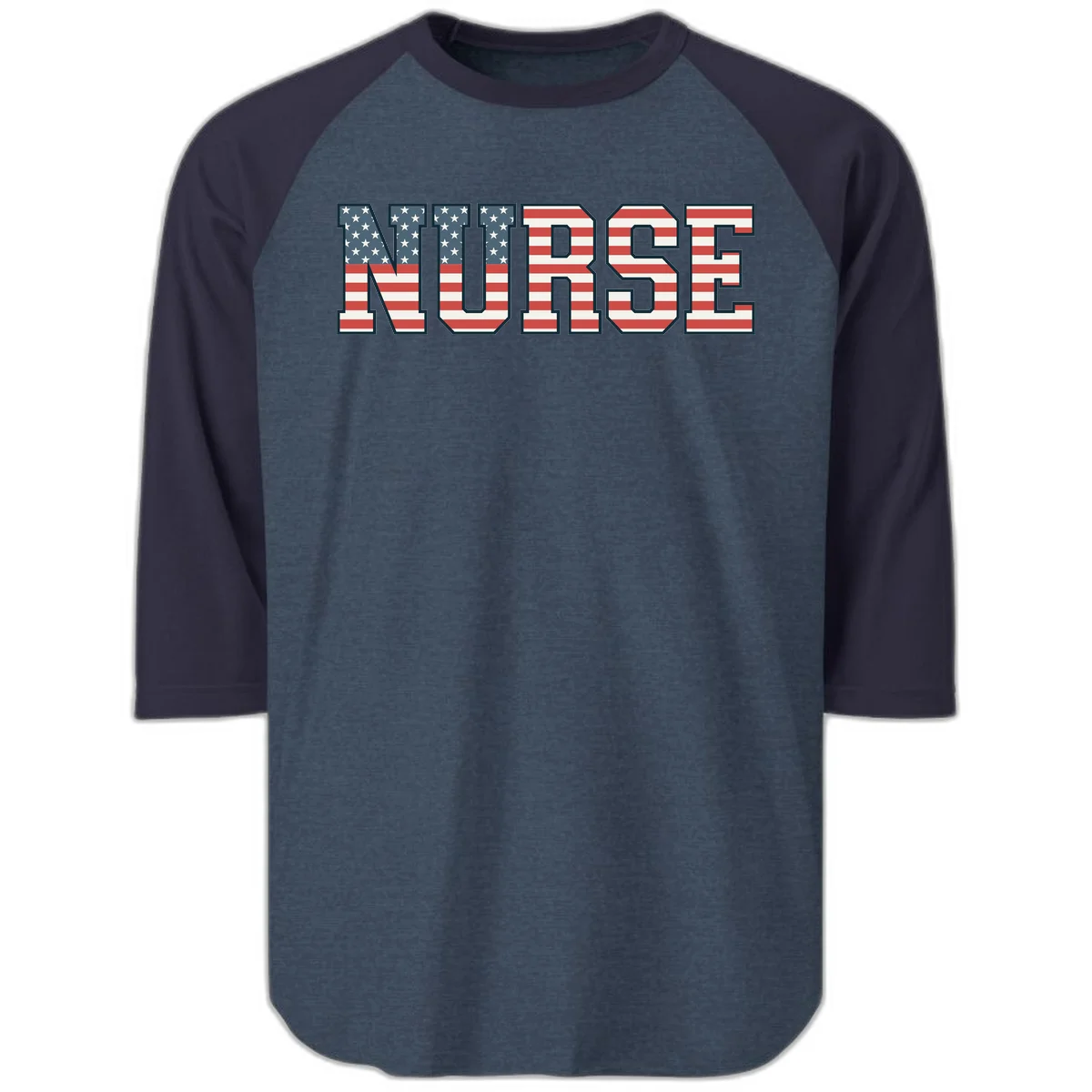 American Flag Nurse Raglan 3/4 in Heather Denim Navy