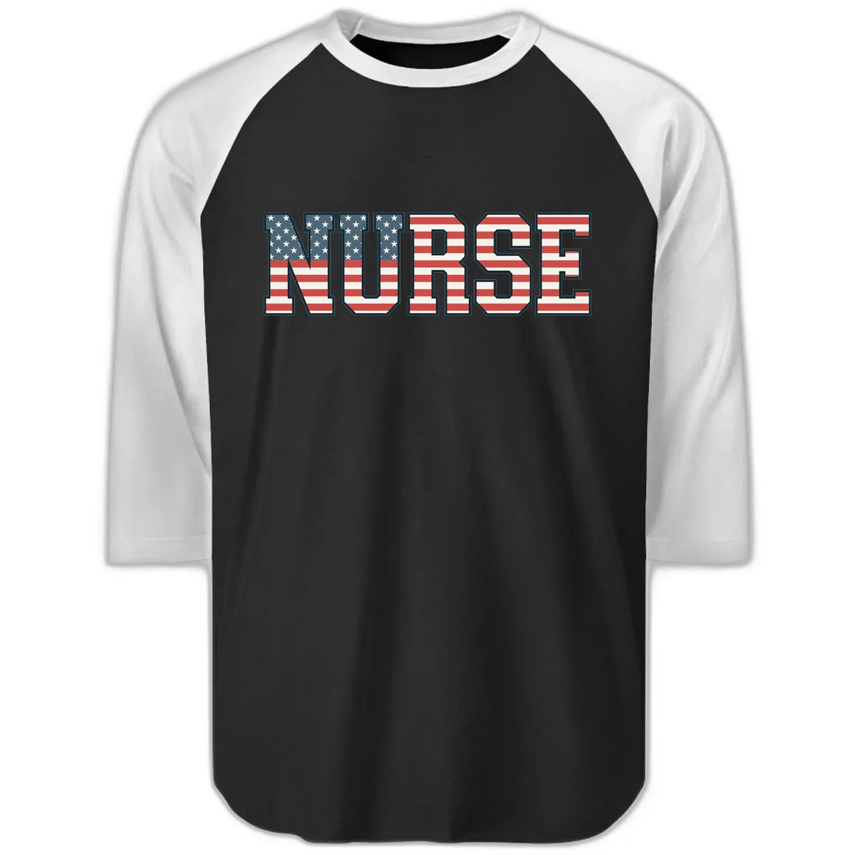 American Flag Nurse Appreciation Word Art Raglan 3/4 in Black White