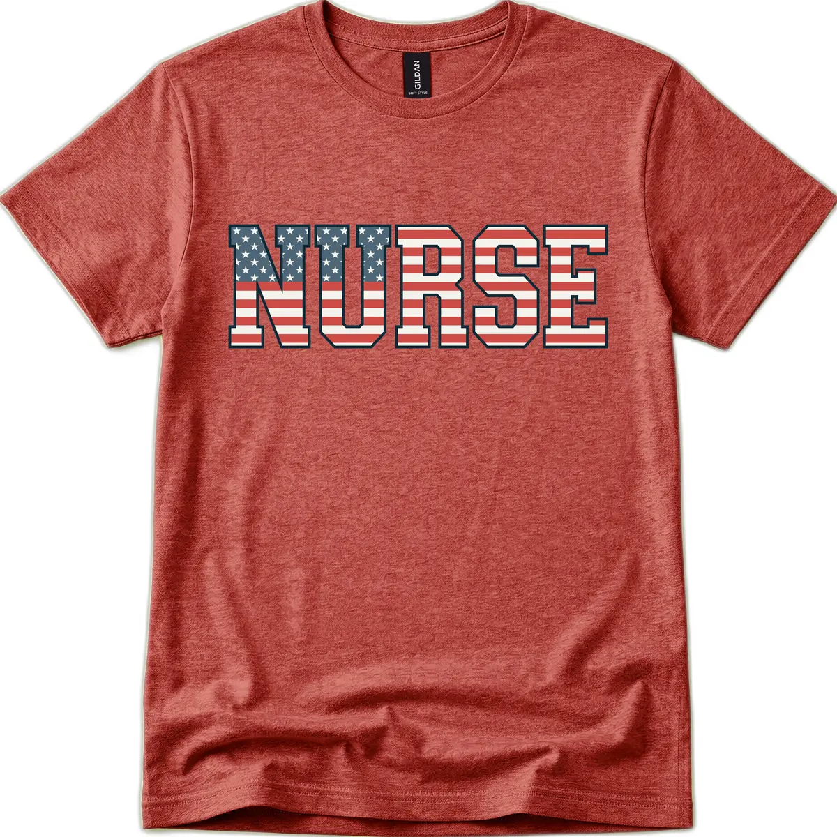 American Flag Nurse Appreciation Word Art T-Shirt in Heather Cardinal