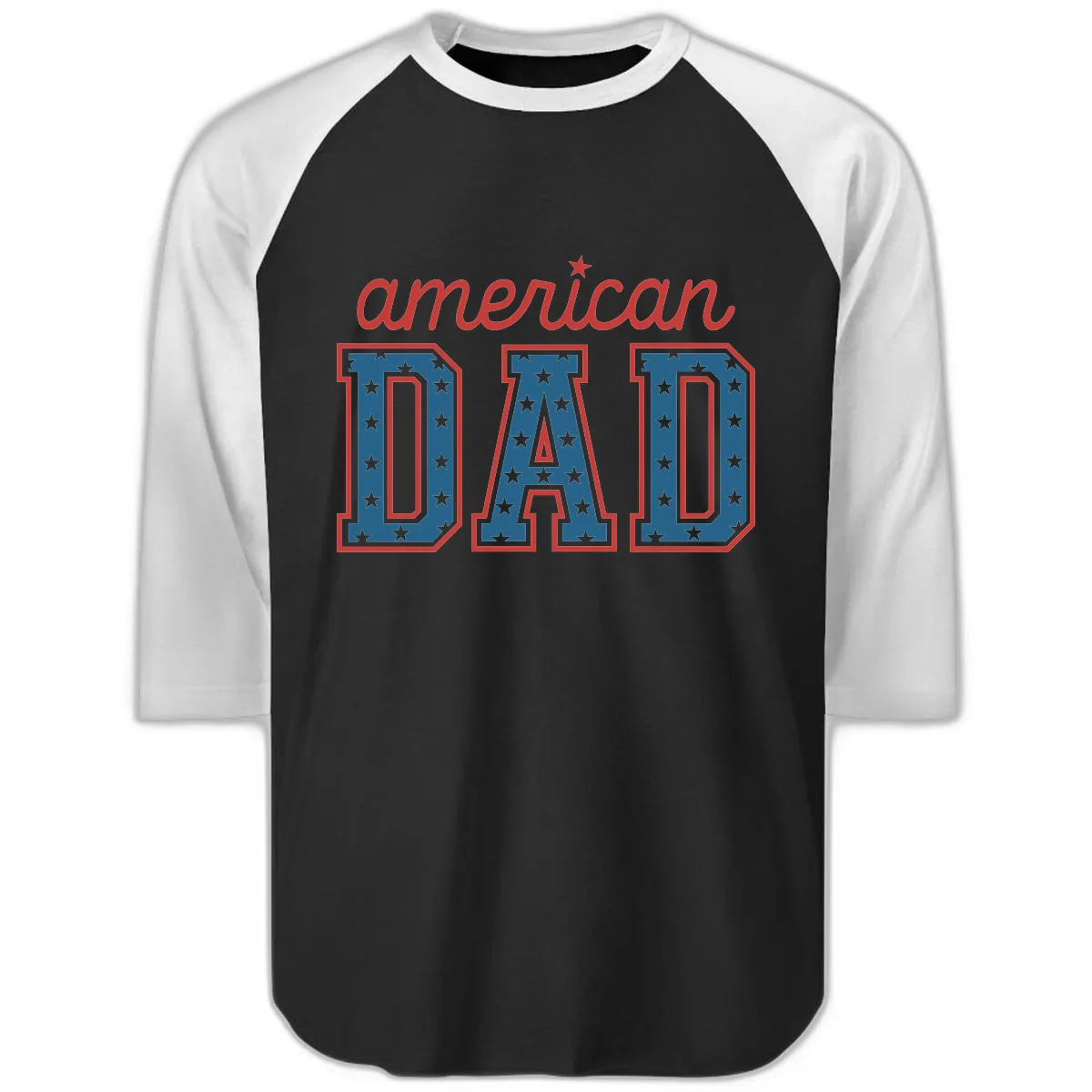 American Dad Patriotic Star Spangled Design Raglan 3/4 in Black White