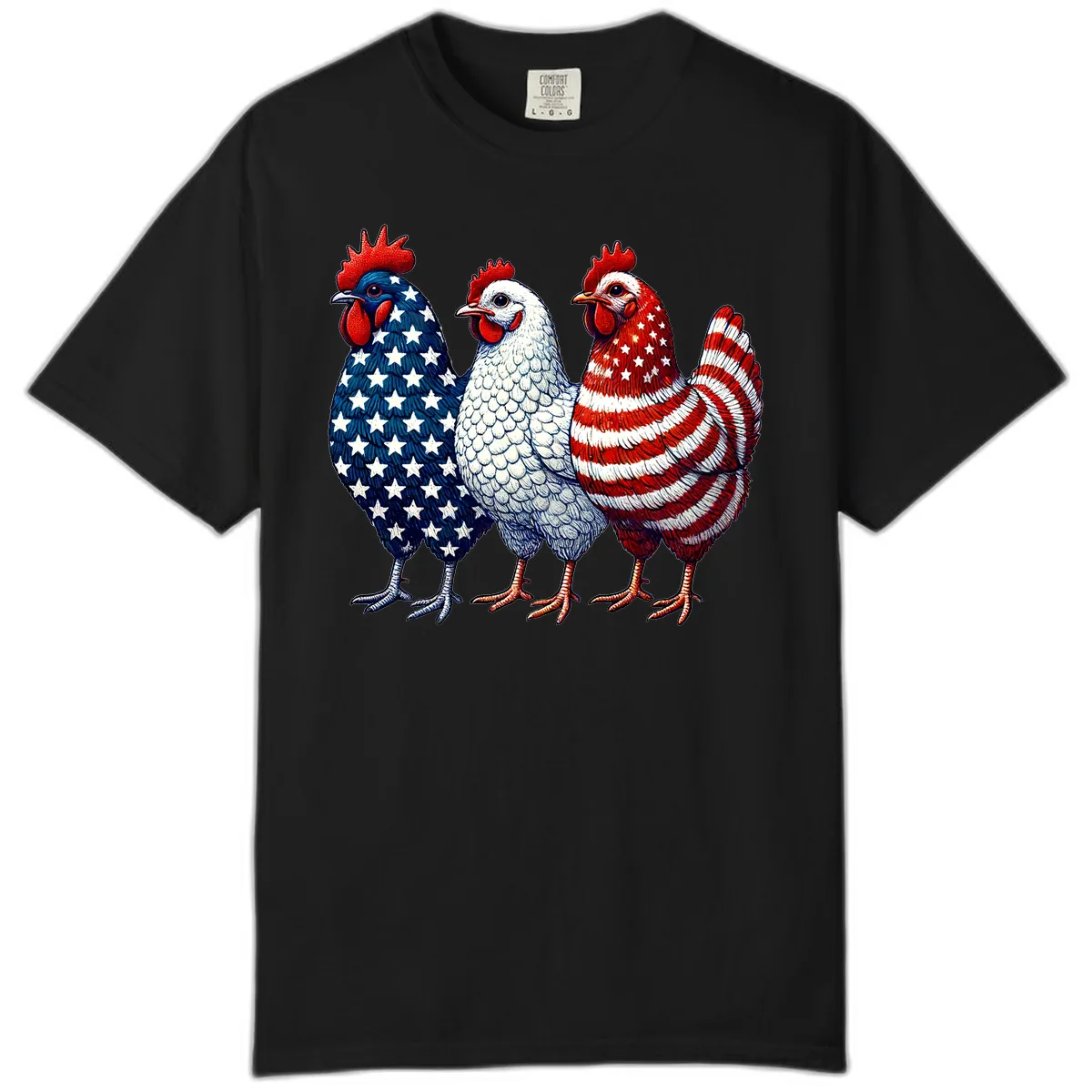 Patriotic Rooster Trio Honoring America's Heritage Comfort Color in Black