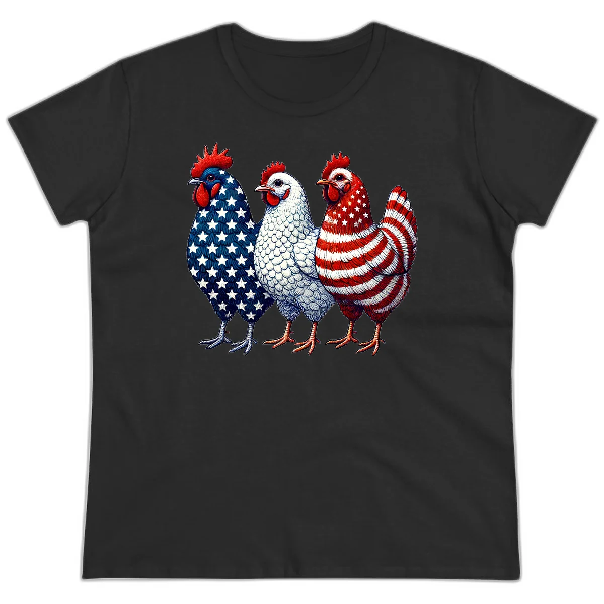 Patriotic Rooster Trio Ladies Tee in Black