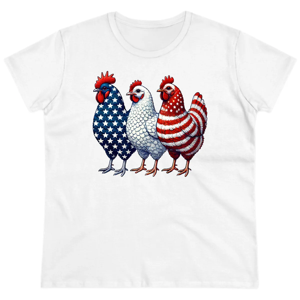 Patriotic Rooster Trio Ladies Tee in White