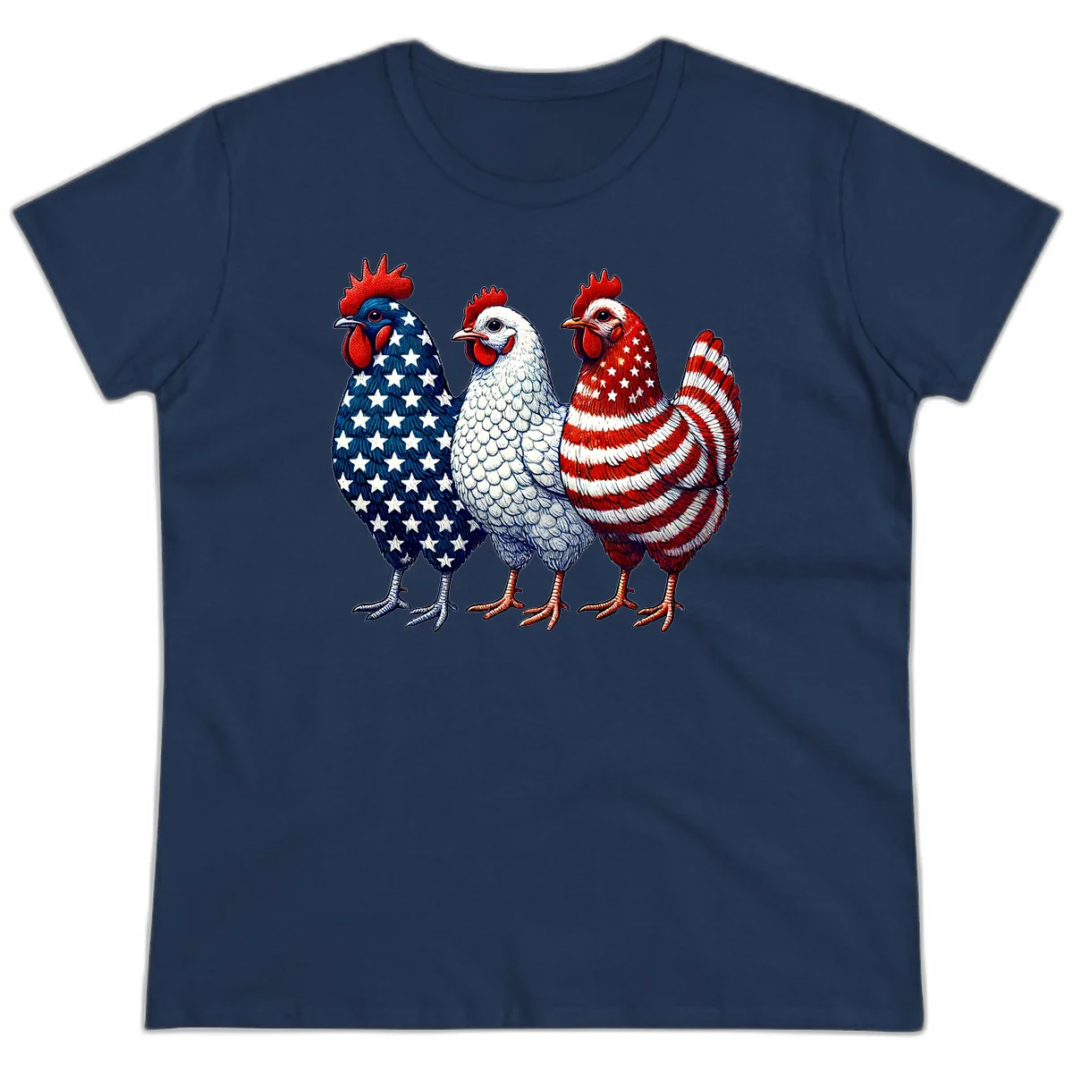 Patriotic Rooster Trio Ladies Tee in Navy