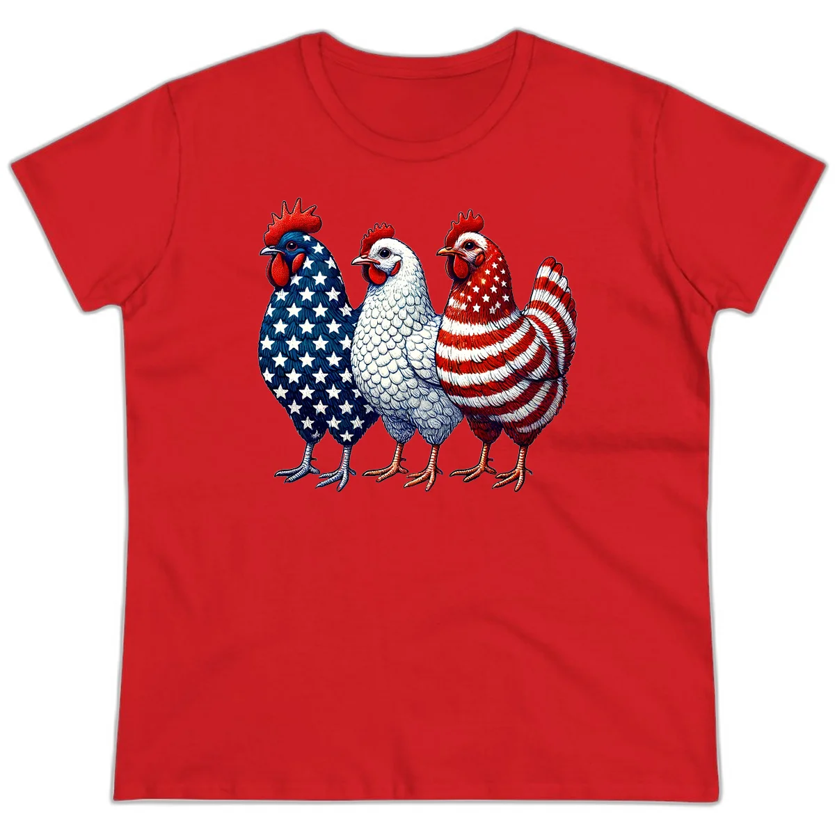 Patriotic Rooster Trio Ladies Tee in Red